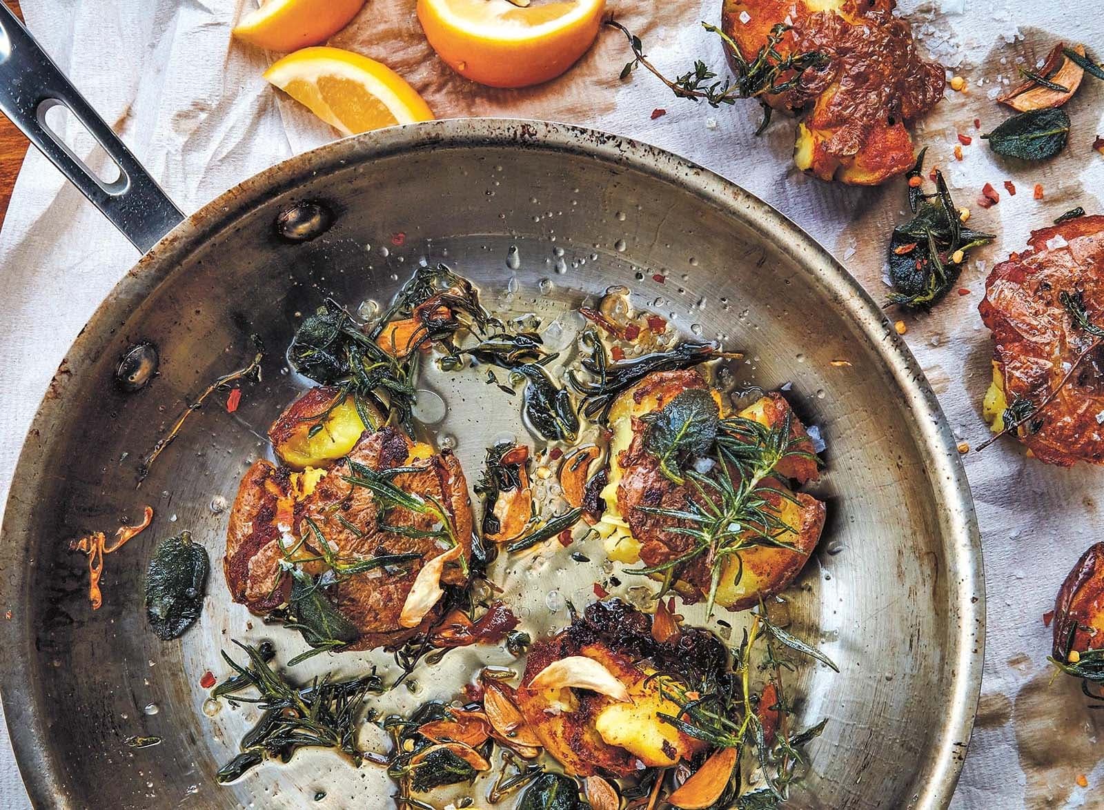 Crushed and Fried Potatoes with Crispy Herbs and Garlic