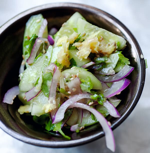 Cucumber salad with smashed garlic and ginger