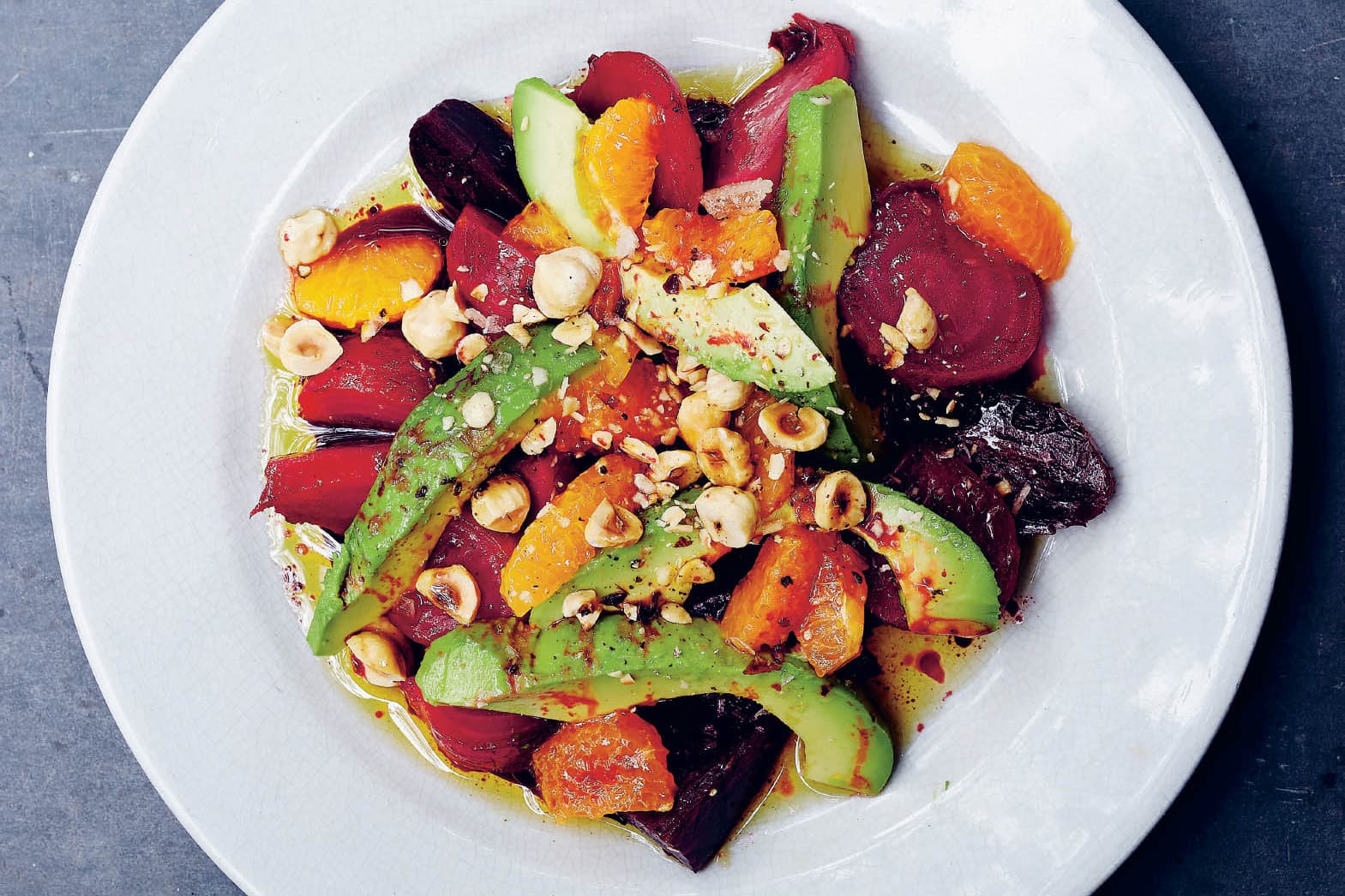 Roasted Beets with Avocado, Orange, Toasted Hazelnuts & Vinegar
